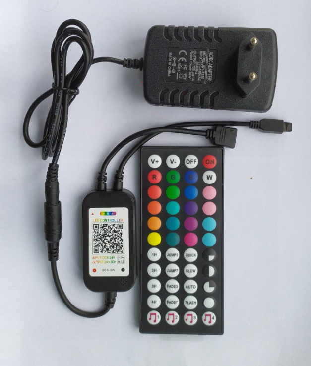 RGB контролер, 5-24В, для 5050 cmd led, блютуз, пульт інфрачервоний, музичний контроль, мобільний телефон, ІЧ-порт, роз'єм RGB-4pin, БЖ DC12В штекер5.5*2.5
