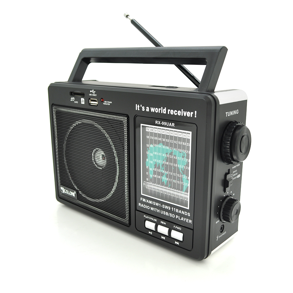 Радіоприймач GOLON RX99UAR, 5W, AM/FM радіо, Входи SD, USB,живлення від 220+АКБ+4*LR20, корпус пластмас, Black, BOX