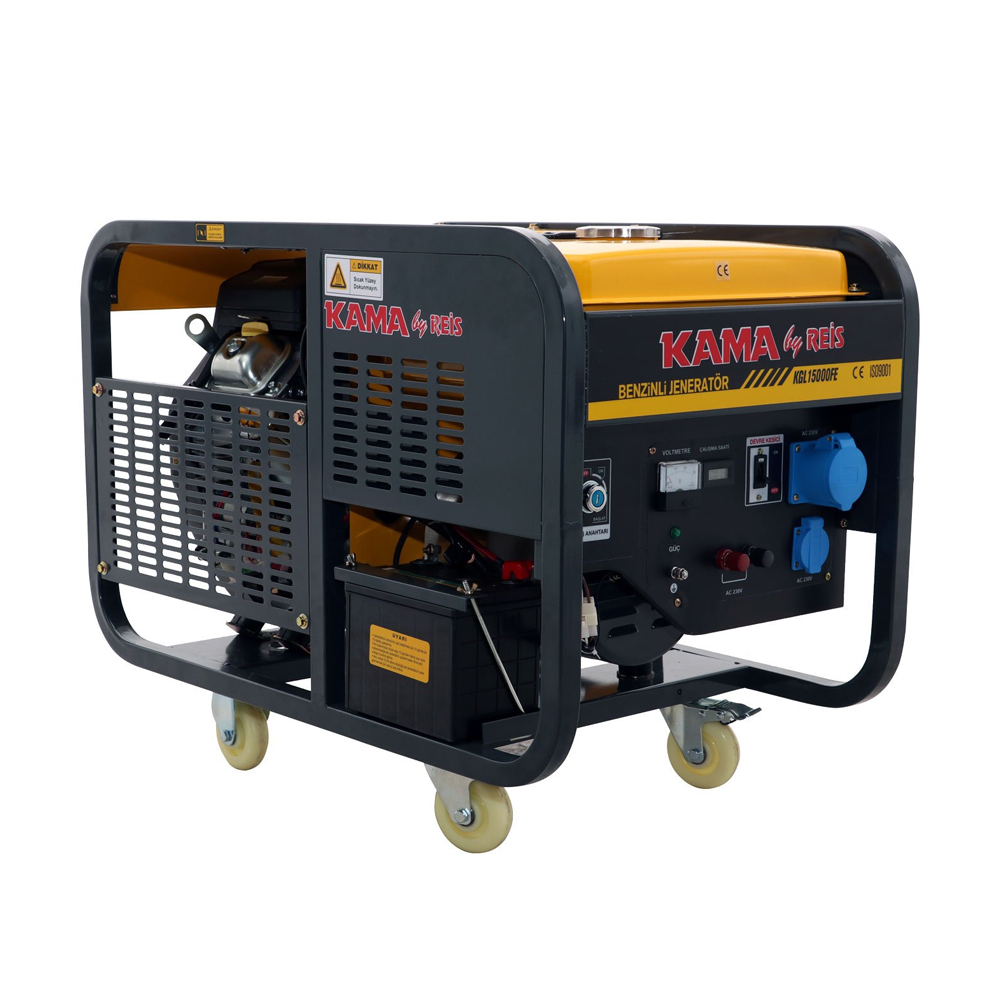 Генератор бензиновий KGL15000FE, 1-фазний 230V, 50Hz, 15kVA/12kW, бак 25 л, витрата 5,7 л/год, пуск: ручний/стартер, 920х568х800 мм, 155 кг