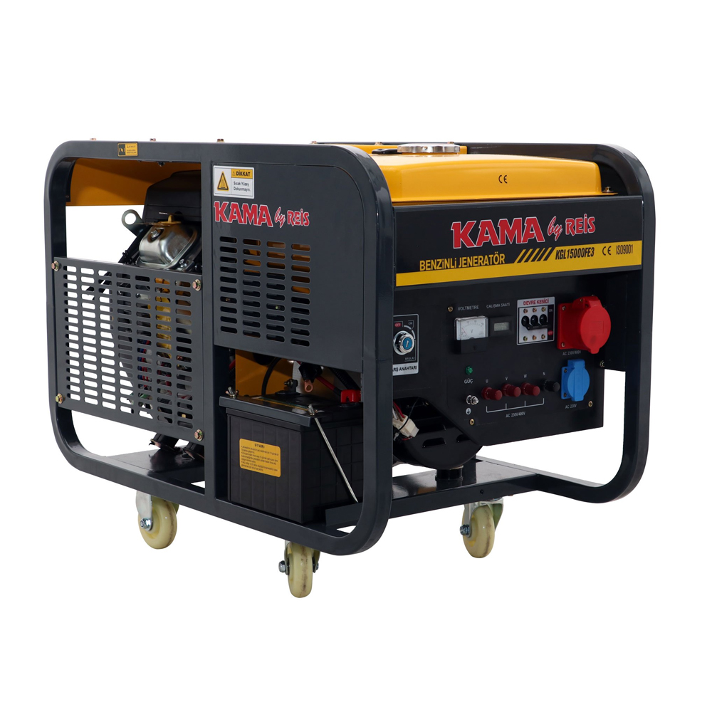 Бензиновий генератор KGL15000FE3, 3-фазний 220/400V, 50Hz, 15kVA/12kW, бак 25 л, витрата 5.7 л/год, пуск: стартер, 920x568x800 мм, 155 кг