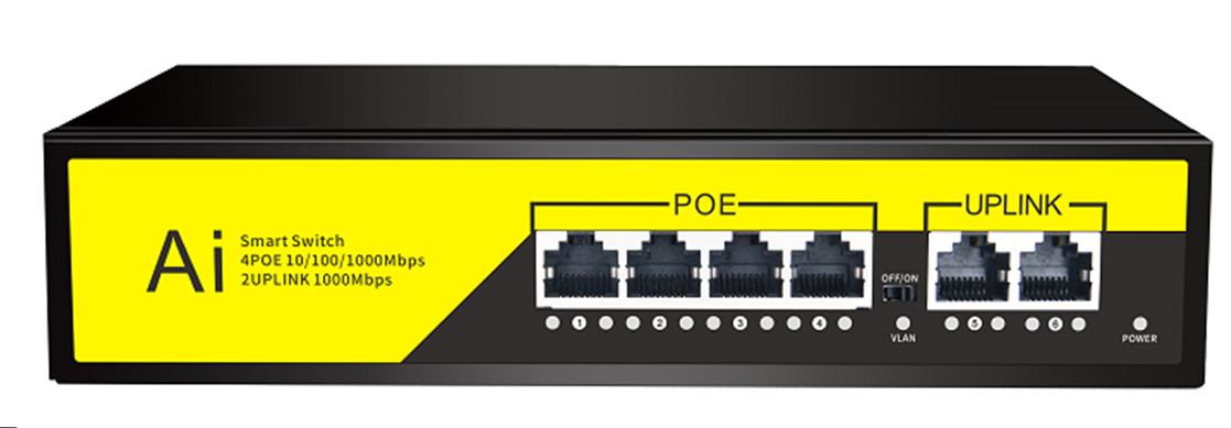 POE комутатор гігабітний Merlion 4 POE 10/100/1000 + 2 RJ45 10/100/1000 вбудований блок живлення 52V 1.25A