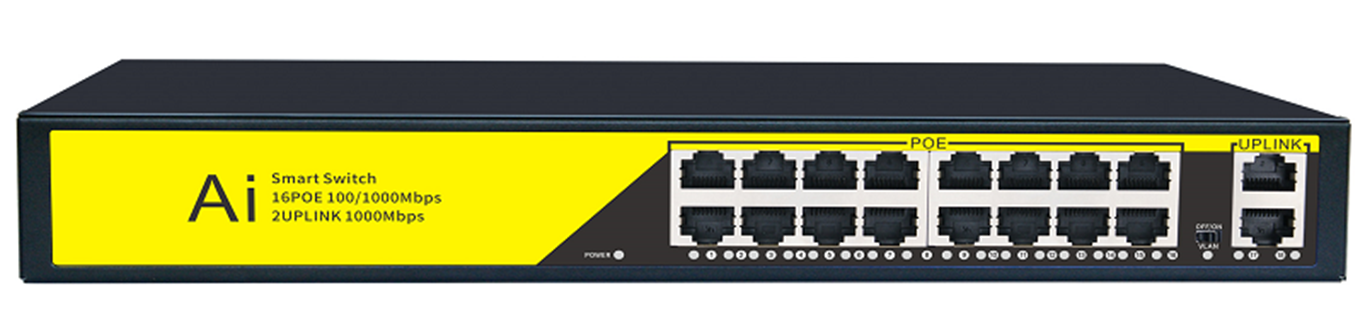 POE комутатор гігабітний Merlion 16 POE 10/100/1000 + 2 RJ45 10/100/1000 вбудований блок живлення 52V 4.8A