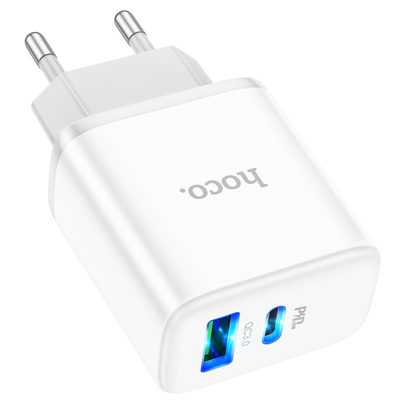 СЗУ HOCO C104A USB-C+USB, 110-240V, PD20W, QC3.0, White, Box