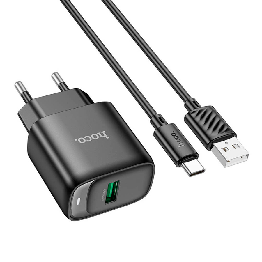 Набір СЗУ 110-240V HOCO C140A+ кабель Type-C, 1xUSB, 18W, кабель 1м, Black, Blister