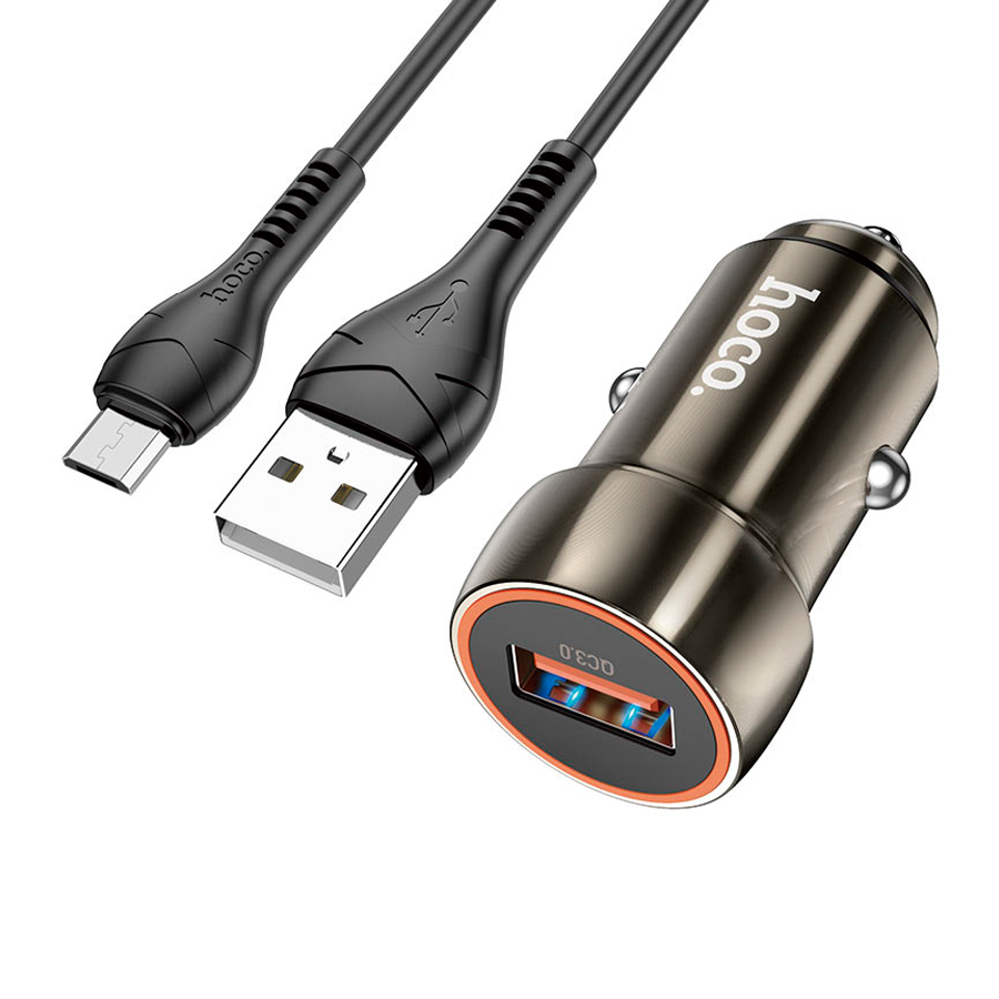 Набір АЗУ 12-24V HOCO Z46 + кабель MicroUSB, 1xUSB, 18W, кабель 1м, Black, Box