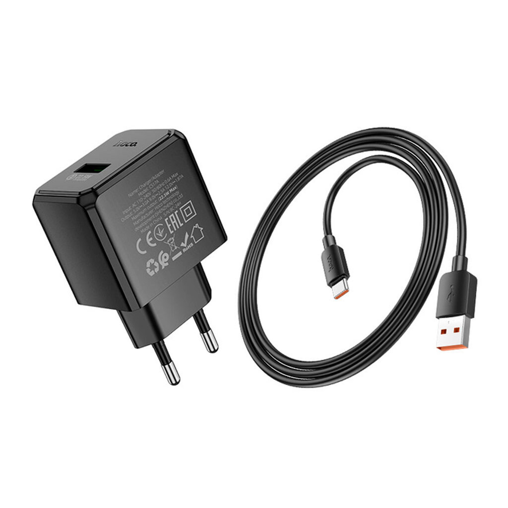 Набір СЗУ 110-240V HOCO CS17A+ кабель Type-C, 1xUSB, 22.5W, 1м кабель, Black, Blister