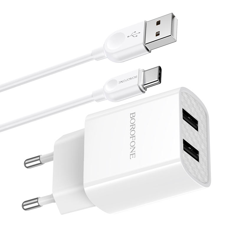 Набір BOROFONE BA53A СЗУ 2xUSB+ кабель Type-C, 2.1A, 1м, White, Blister-box