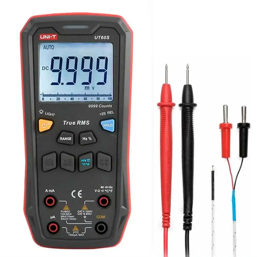 Мультиметр UNI-T UT60S. Вимірювання: V, A, Ω, F, Hz, °C. Функції: True RMS, NCV, підсвічування, продзвонювання, тест діодів.