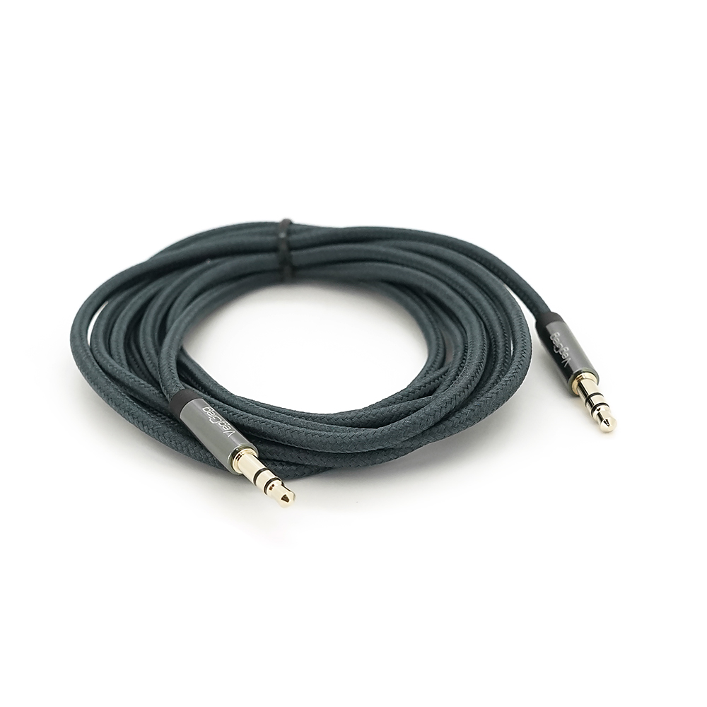 Кабель VEGGIEG V-A502 AUX Audio DC3.5 тато-тато 2.0м, GOLD Stereo Jack, обплетення, (круглий) Grey cable, Пакет