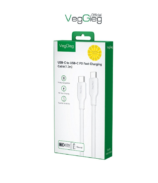 Кабель VEGGIEG V-M001C, Type-C(Male) to Type-C(Male) PD cable, 60 Вт, струм 3 А, 480 Мбіт/с, White, довжина 1,2 м, Box