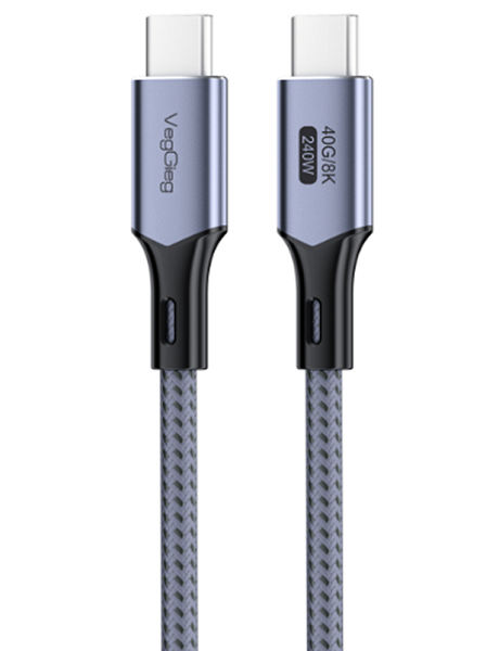 Кабель VEGGIEG V-U409, Type-C(Male) to Type-C(Male) PD cable, 240 Вт, струм 5 А, 40Gbps, Gray, довжина 1м, Box