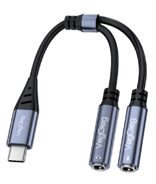 Перехідник VEGGIEG V-K204, 1/Type-C(Male) to=> 2/Jack 3.5mm(F)(навушники + мікрофон), Black/Silver, Box