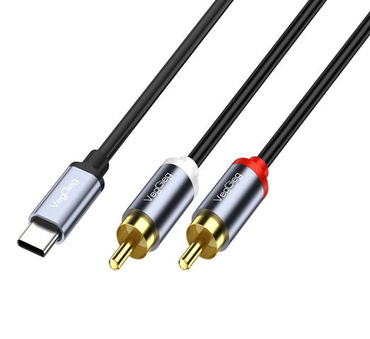 Кабель VEGGIEG V-A621 TypeC => 2хRCA (тато), GOLD Jack, круглий, Gray, 1.5 м, Пакет