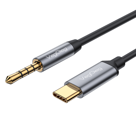 Кабель VEGGIEG V-A624 TypeC => 3.5mm (тато), GOLD Jack, круглий, Gray, 1м, Пакет