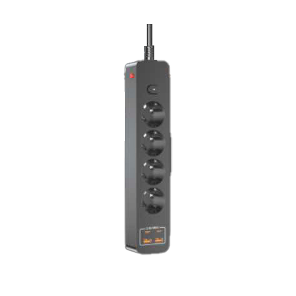 Мережевий фільтр на 4 розетки + 2 USB виходи 5V-2.4A + 2PD, кнопка включення з індикатором, 10A, 240V/2500W, Black