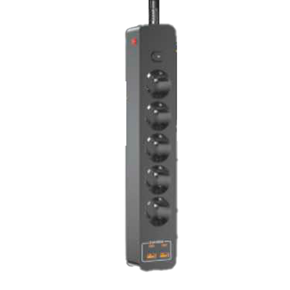 Мережевий фільтр на 5 розетки + 2 USB виходи 5V-2.4A + 2PD, кнопка включення з індикатором, 10A, 240V/2500W, Black