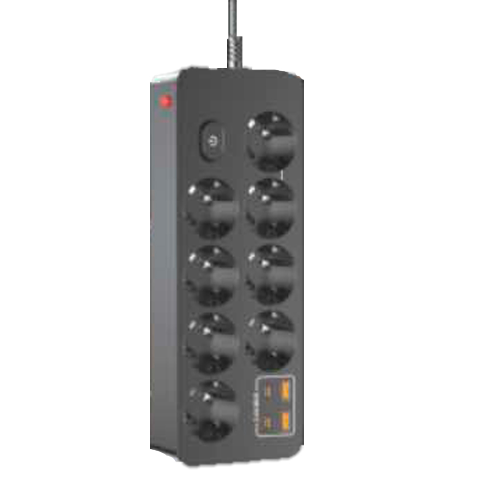 Мережевий фільтр на 8 розетки + 2 USB виходи 5V-2.4A + 2PD, кнопка включення з індикатором, 10A, 240V/2500W, Black