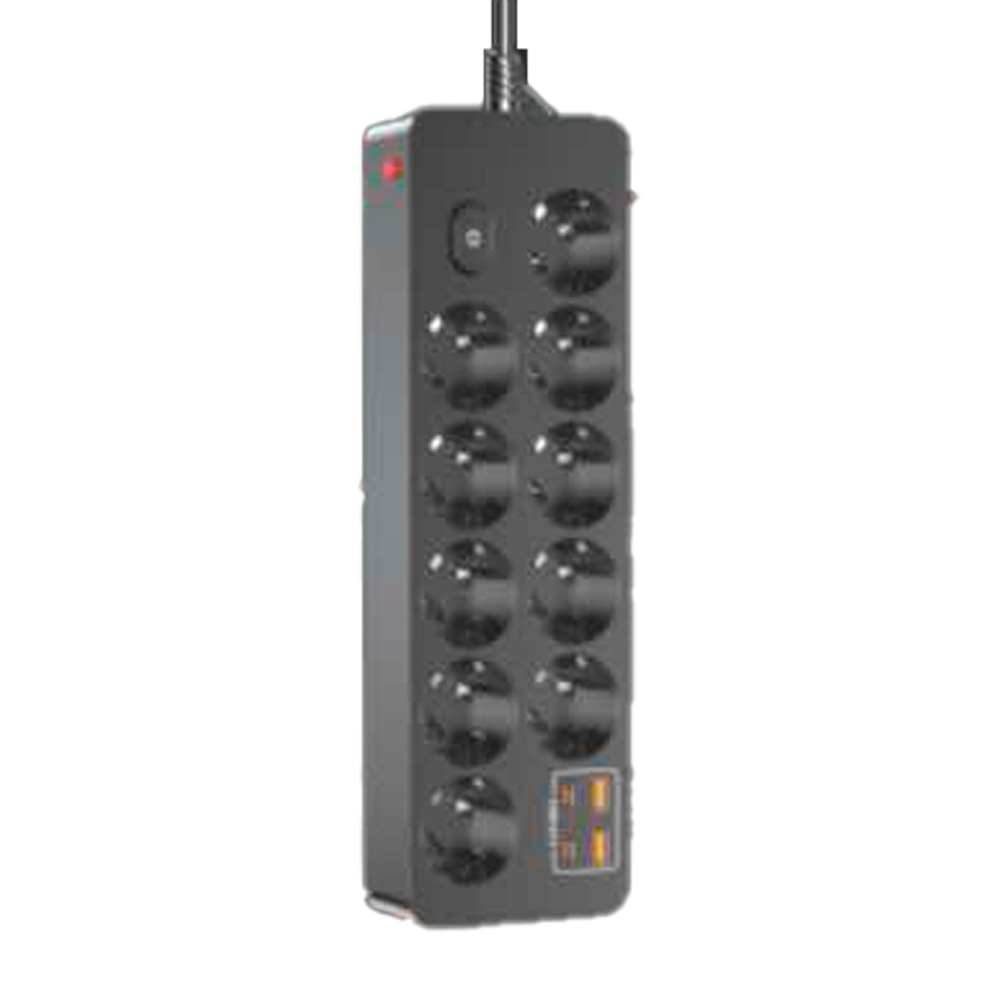 Мережевий фільтр на 10 розетки + 2 USB виходи 5V-2.4A + 2PD, кнопка включення з індикатором, 10A, 240V/2500W, Black