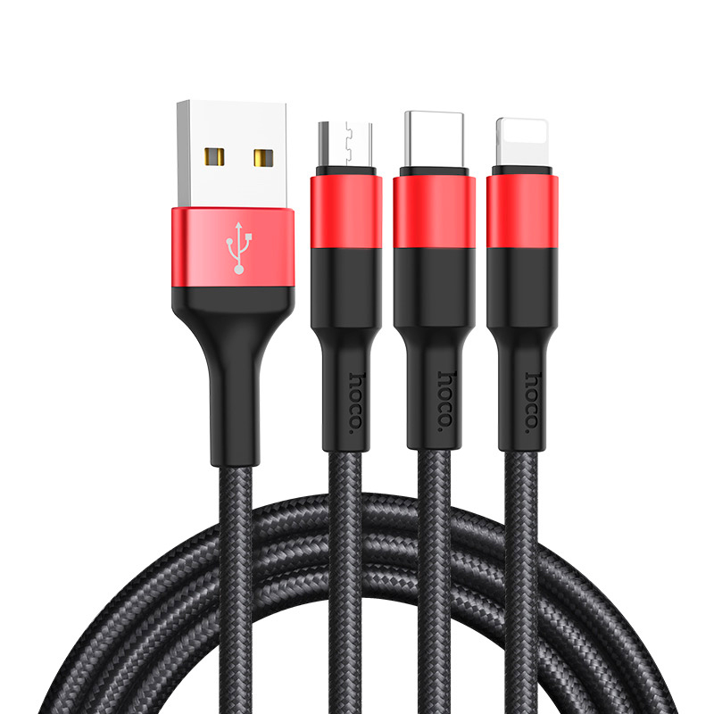 Кабель HOCO X26 USB-1 3 in 1 Micro/Iphone/Type-C, 2A, довжина 1м, Black/Red, Box
