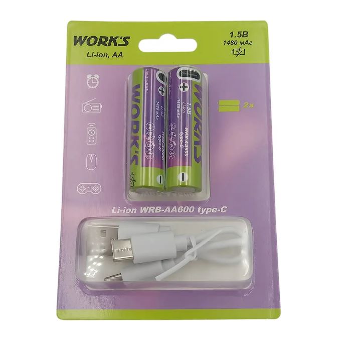 Акумуляторные батарейки Li-ion WRB AA600, тип АА, 1.5V, ype-c, 1480mAh, блістер 2шт