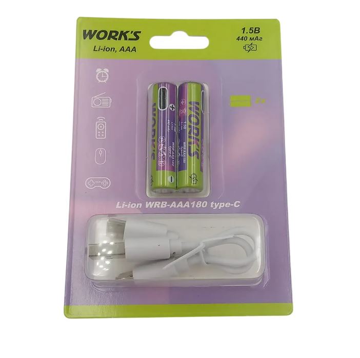 Акумуляторні батареї Li-ion WRB AAA180, тип AАА, 1.5V, ype-c, 440mAh, 1000 циклів, блістер 2шт