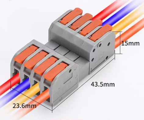 Клема роз'ємна з натискними затискачами 4-провідна DF-2604D, 4-pin, 250V, 32A, 0.2-4.0mm2, 23.6*43.5*15mm, сіра
