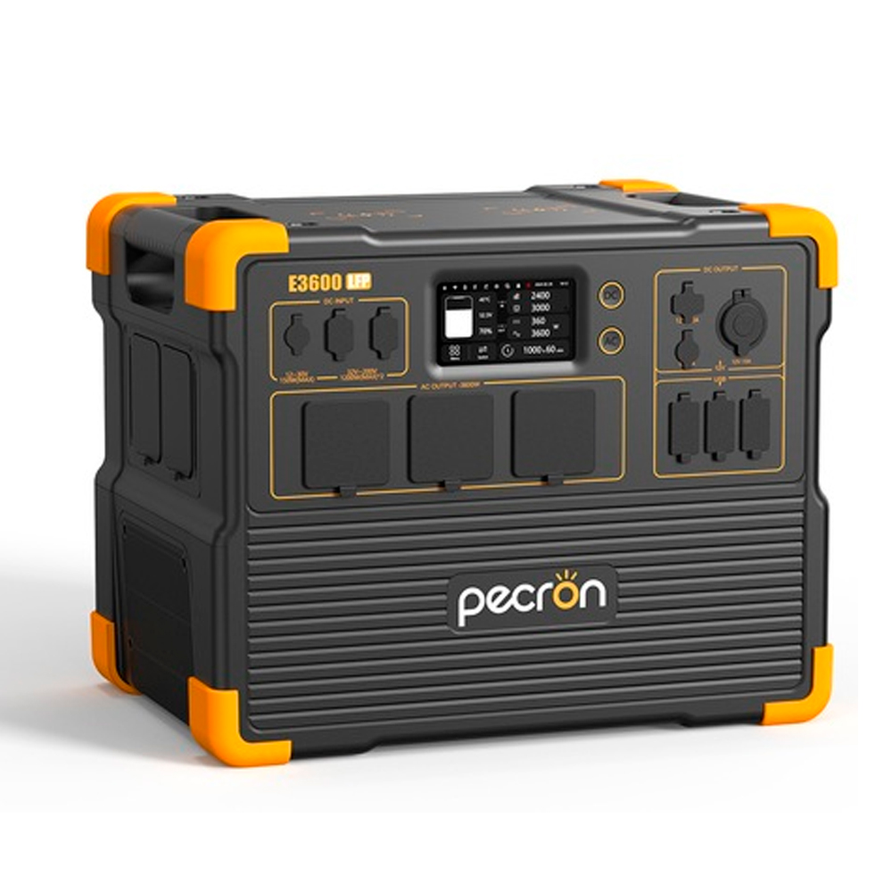Зарядна станція Pecron E3600LFP. Місткість 3072 Вт · год. Потужність 3600 Вт. LiFePO4 акумулятор. 3 розетки AC. USB-C PD 100Вт. 440×320×350 мм. 36 кг.