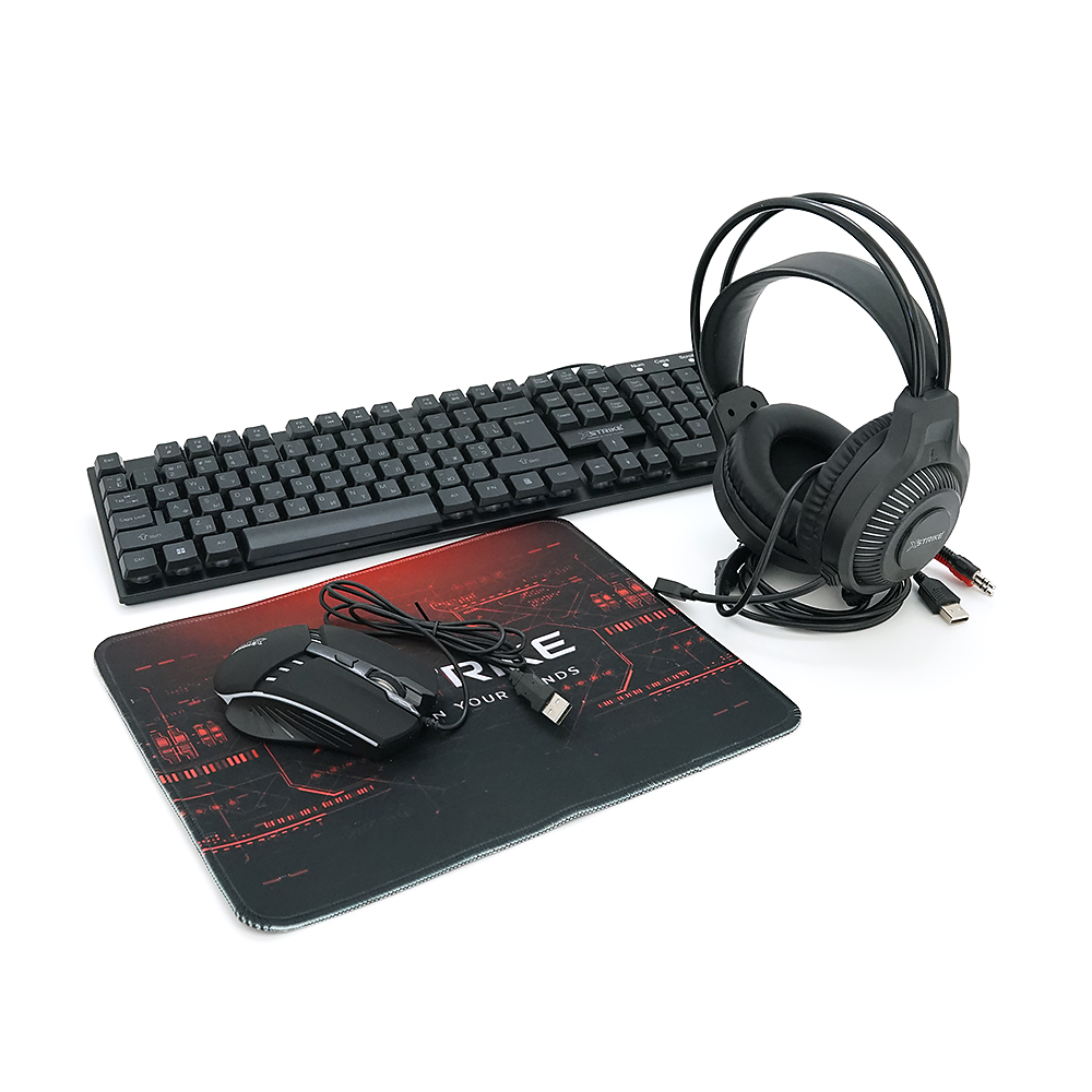 Набір 4 в 1 XSTRIKE XS-2030, Навушники+ клавіатура+ мишка+ килимок, Black, Box
