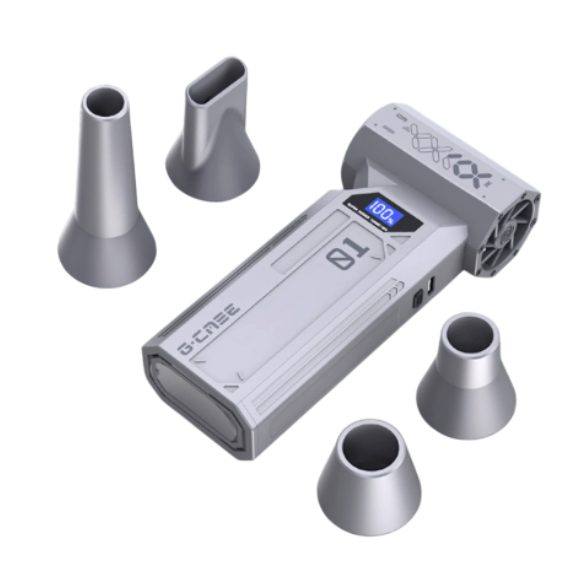 Ручний портативний турбовентилятор компресор G-SM, 120000RPM, 52m/s, 70дБ, літієва батарея 5200 мА, 11Вт, 180г, 4 насадки, 157*134*45мм, срібло/сірий