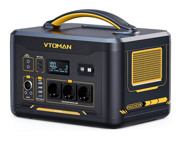 Портативна зарядна станція VTOMAN 1500X, 1500 (макс. 3000) Вт, LiFePO4 828 Вт·год (макс. 2376 Вт·год), 230 В, вихід 3x230 В/1500 Вт, 2x12 В/10 A-10 A, 2xPDTB, прикурювач 12 В/10 A, 36x27x28 см; 20 кг