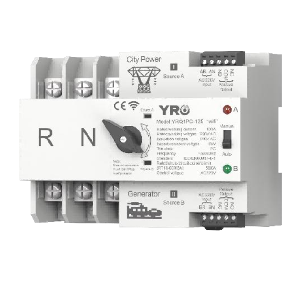 Автомат введення резерву (АВР) триполюсний YRQ2PC-125 Wifi ATS, 3P 125A 400V, E-Welink App на DIN-рейку для генераторів