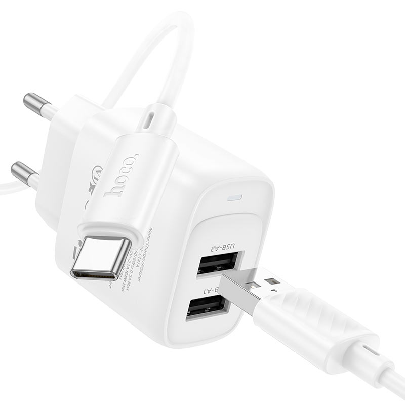 Набір СЗУ 110-240V HOCO C141A + кабель Type-C, 2xUSB, PD20W, 1м кабель, White, Box