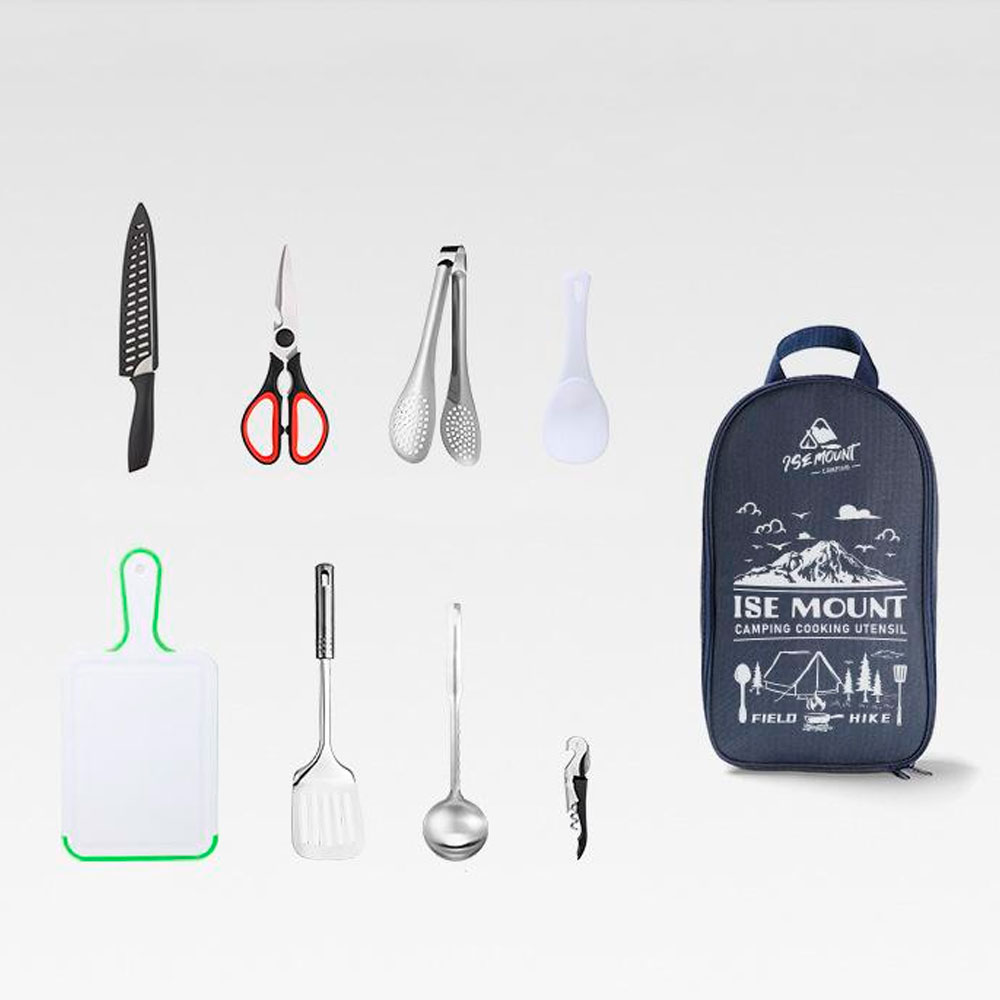 Набір з 9 предметів похідний, ніж, ножиці, щипці для їжі, ложка, обробна дошка і т.д. Сумка із принтом 350х210х60мм. 950 гр. Blue