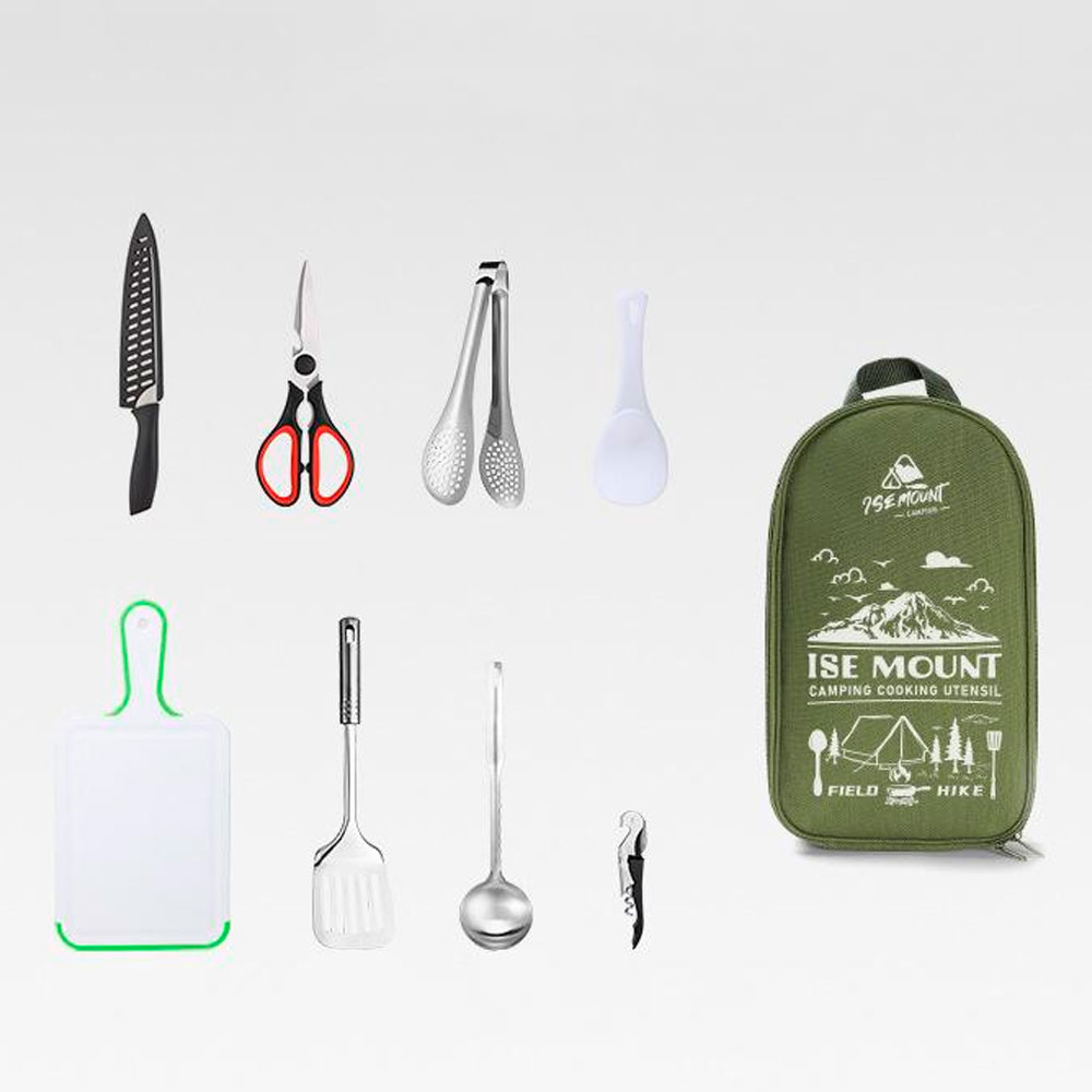 Набір з 9 предметів похідний, ніж, ножиці, щипці для їжі, ложка, обробна дошка і т.д. Сумка із принтом 350х210х60мм. 950 гр. Green