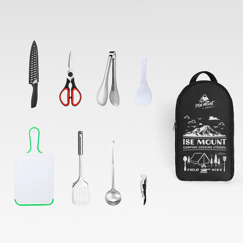 Набір з 9 предметів похідний, ніж, ножиці, щипці для їжі, ложка, обробна дошка і т.д. Сумка із принтом 350х210х60мм. 950 гр. Black