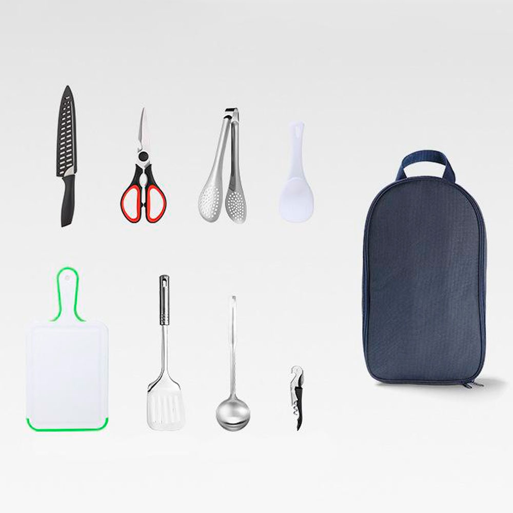 Набір з 9 предметів похідний, ніж, ножиці, щипці для їжі, ложка, обробна дошка і т.д. Сумка350х210х60мм. 950 гр. Blue