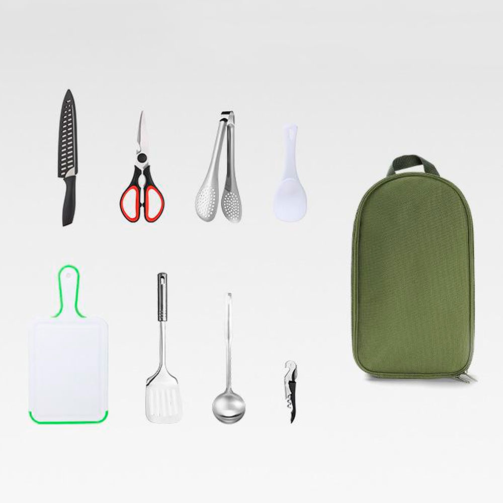 Набір з 9 предметів похідний, ніж, ножиці, щипці для їжі, ложка, обробна дошка і т.д. Сумка 350х210х60мм. 950 гр. Green