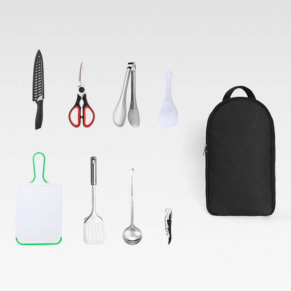 Набір з 9 предметів похідний, ніж, ножиці, щипці для їжі, ложка, обробна дошка і т.д. Сумка 350х210х60мм. 950 гр. Black