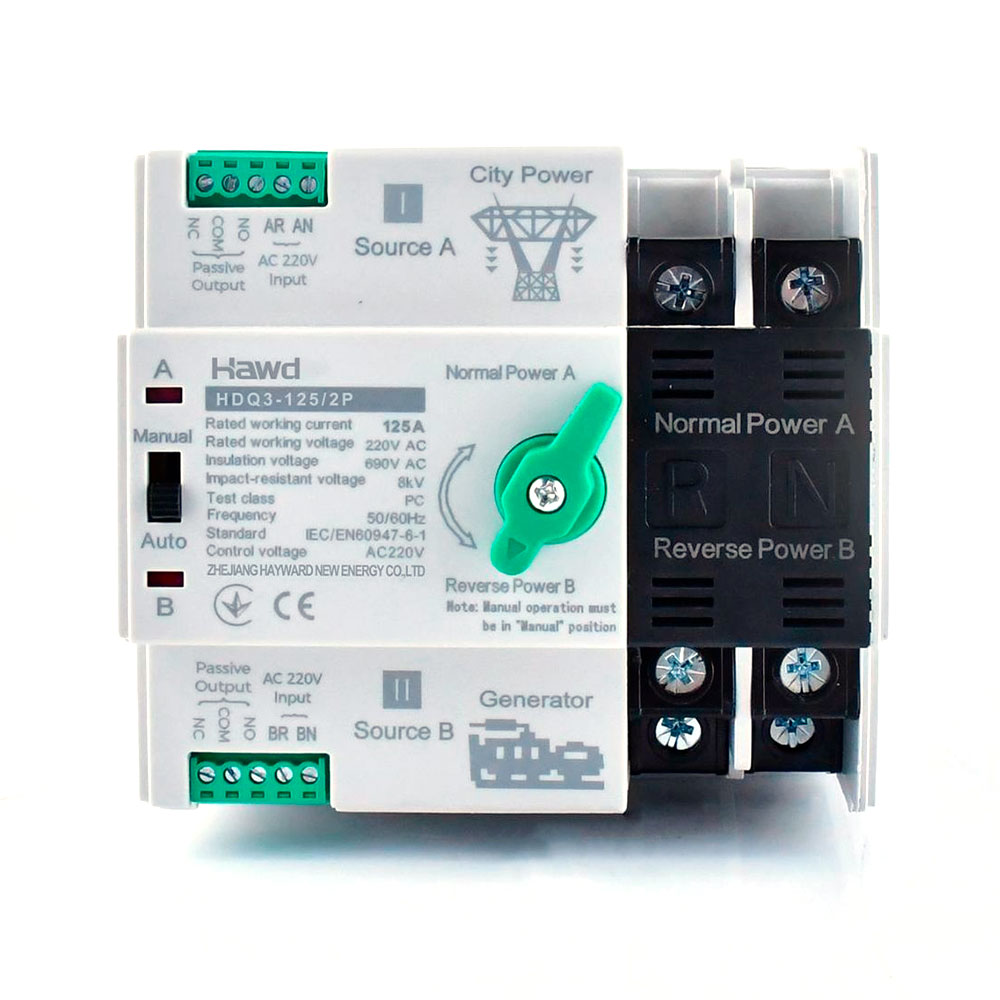 Автомат введення резерву (АВР) двополюсний HDQ3-125/2P, 230V/125A на DIN-рейку для генераторів