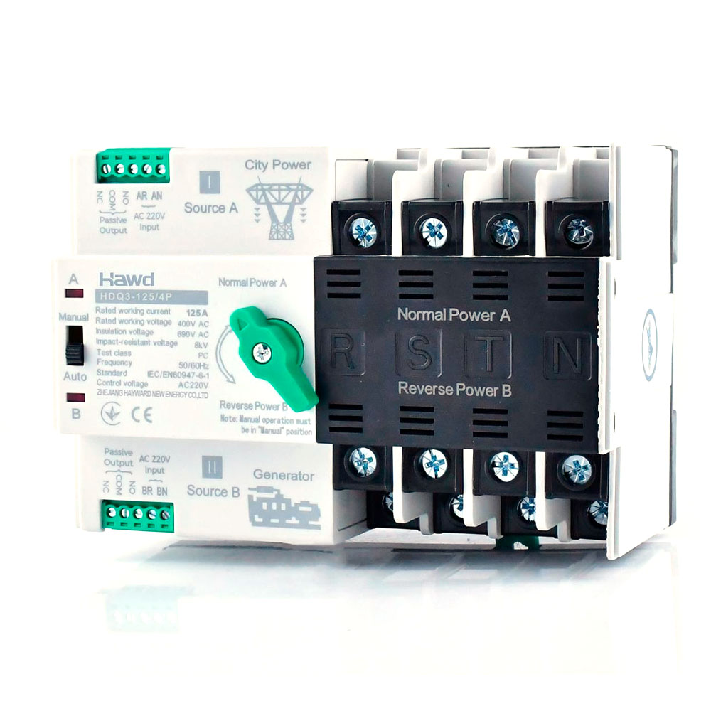 Автомат введення резерву (АВР) чотириполюсний HDQ3-125/4P, 400V/125A на DIN-рейку для генераторів