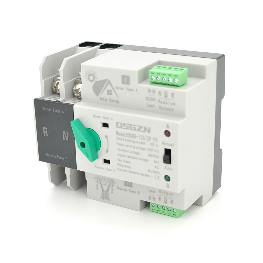 Автомат введення резерву (АВР) двополюсний OSGQ8-125/2P PV, 230V/125A на DIN-рейку для сонячних систем