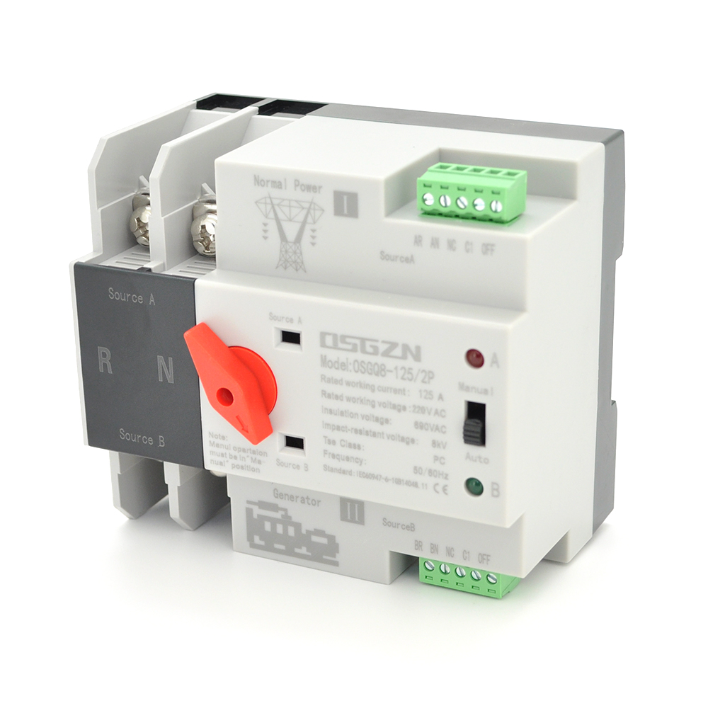 Автомат введення резерву (АВР) двополюсний OSGQ8-125/2P, 230V/125A на DIN-рейку для генераторів