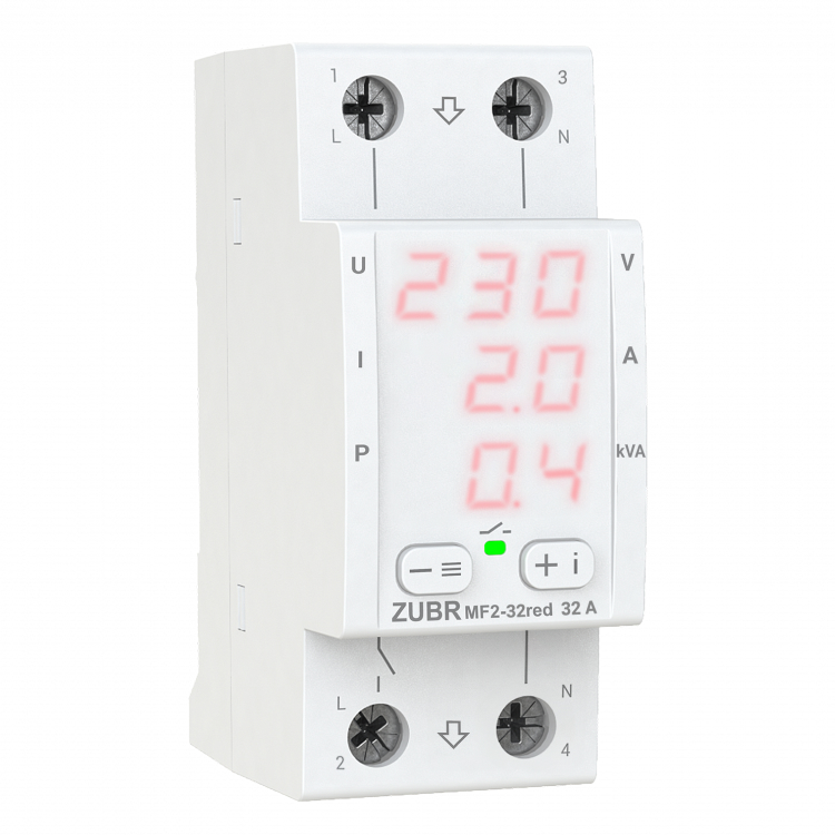 Багатофункціональне реле однофазне MF2-32 на DIN-рейку, 32А, 7000ВА, 120-280В, двомодульне з індикатором напруги, струму, потужності (Червоний)