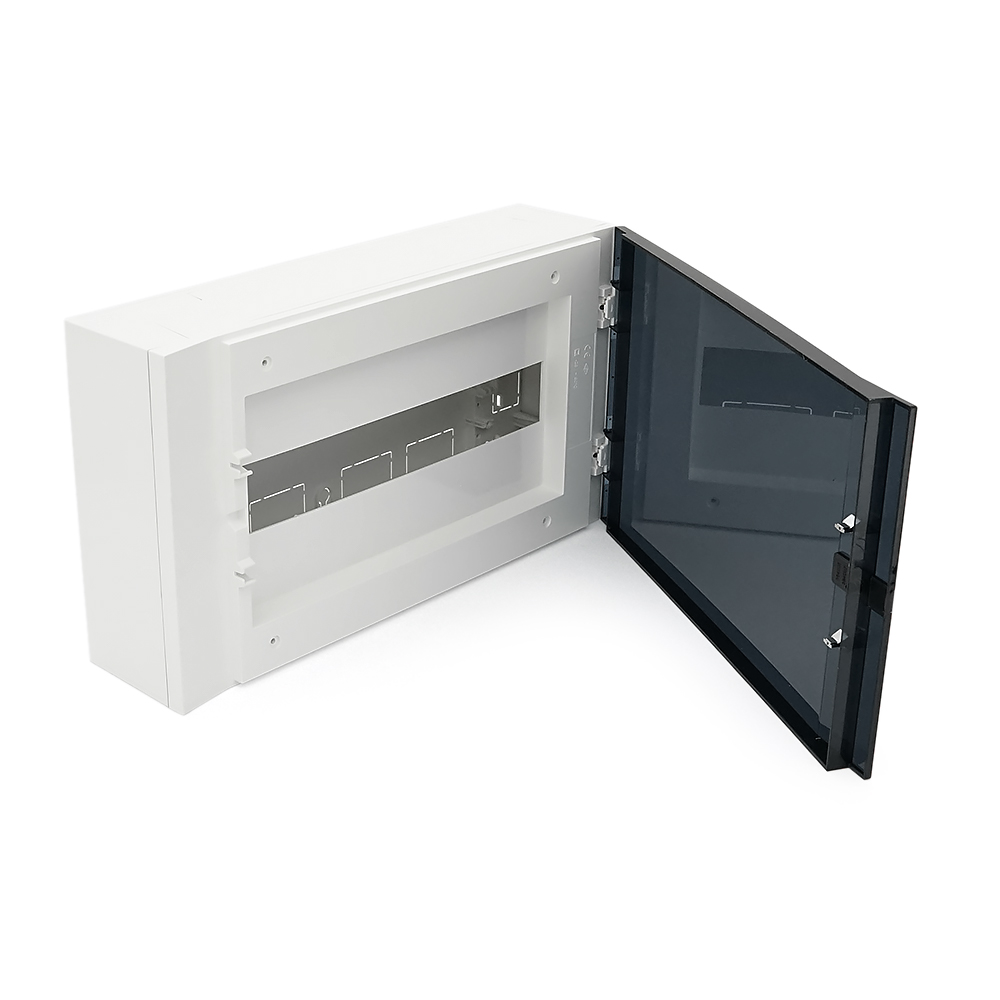 16-ти модульний щиток, навісний, 410х227х114мм, пластиковий, прозорі темно-сірі дверцята, об'єднання ящиків горизонтальне/вертикальне