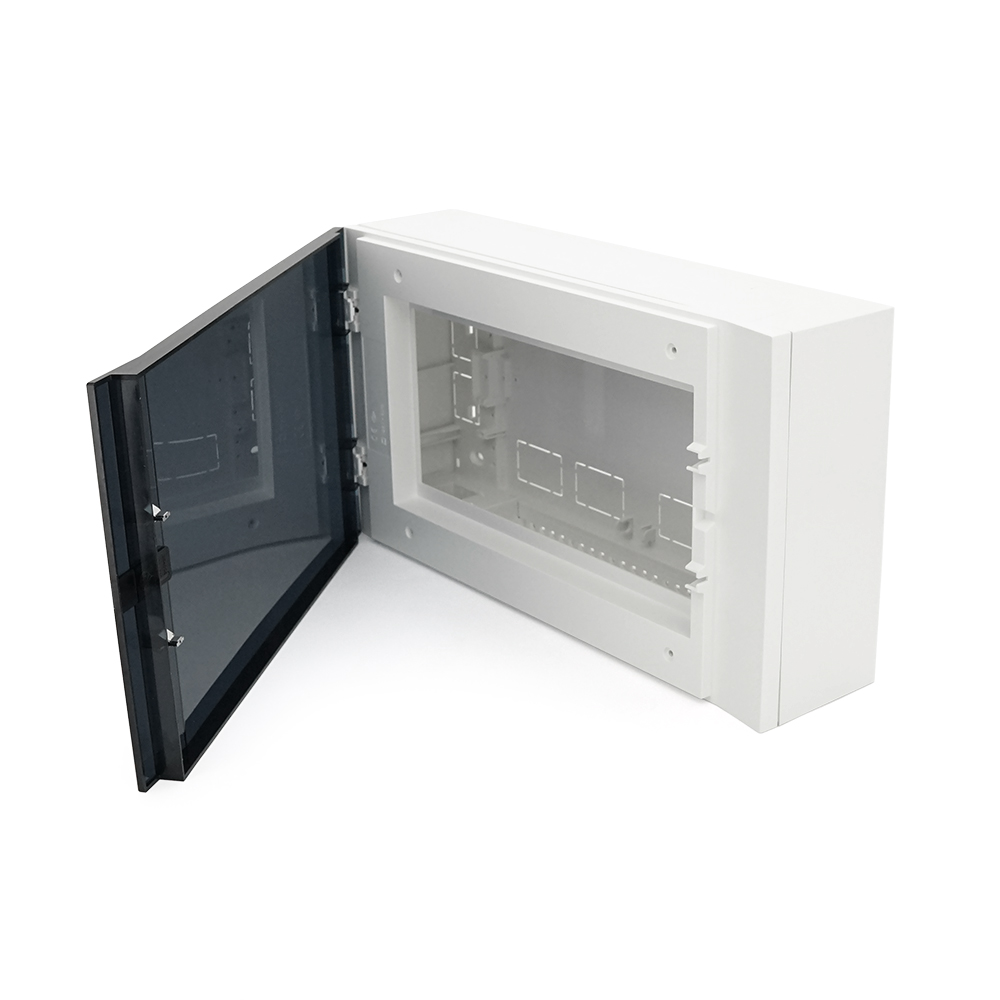 Мультимедійний 16-ти модульний щиток, навісний, 410х227х114мм, пластиковий, прозорі темно-сірі дверцята, об'єднання ящиків горизонтальне/вертикальне