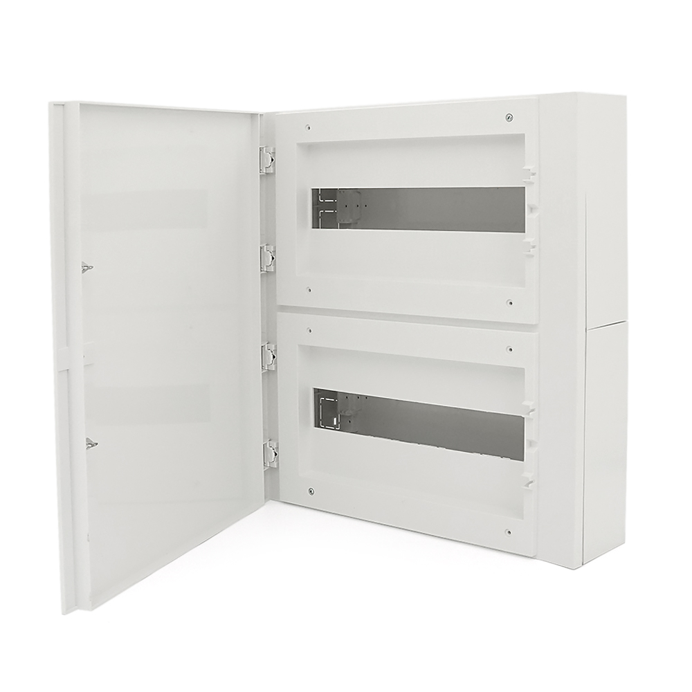 32-х модульний щиток, навісний, 410х454х114мм, пластиковий, непрозорі білі дверцята, об'єднання ящиків горизонтальне/вертикальне