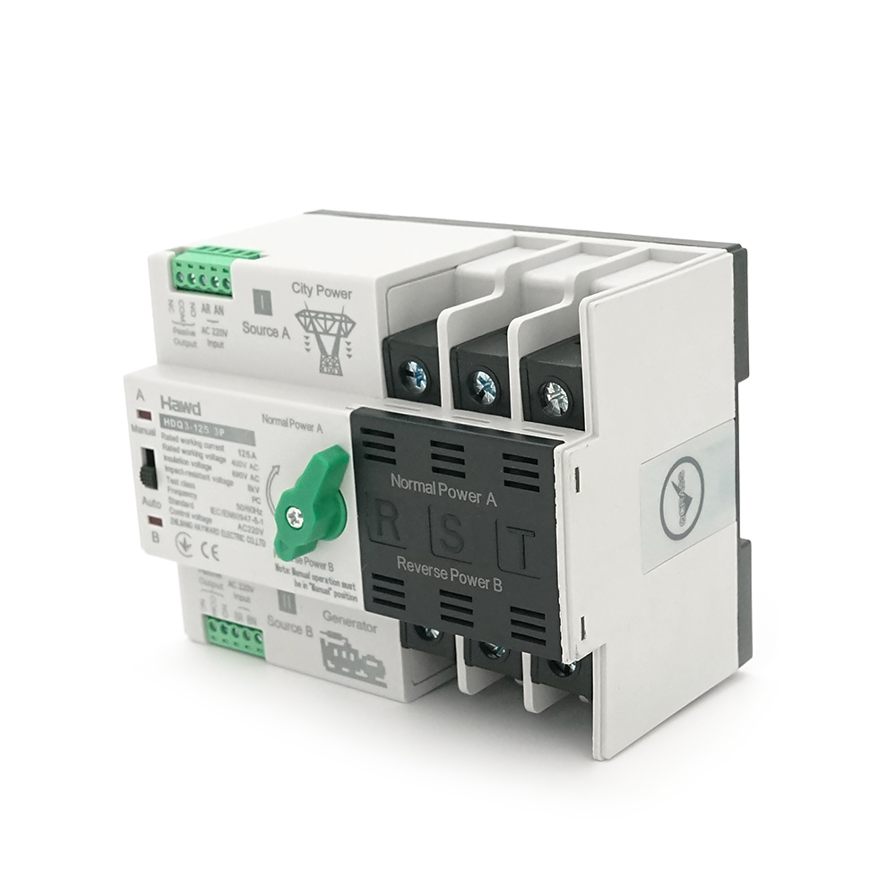 Автомат введення резерву (АВР) триполюсний HDQ3-125E/3P, 400V/125A на DIN-рейку для генераторів