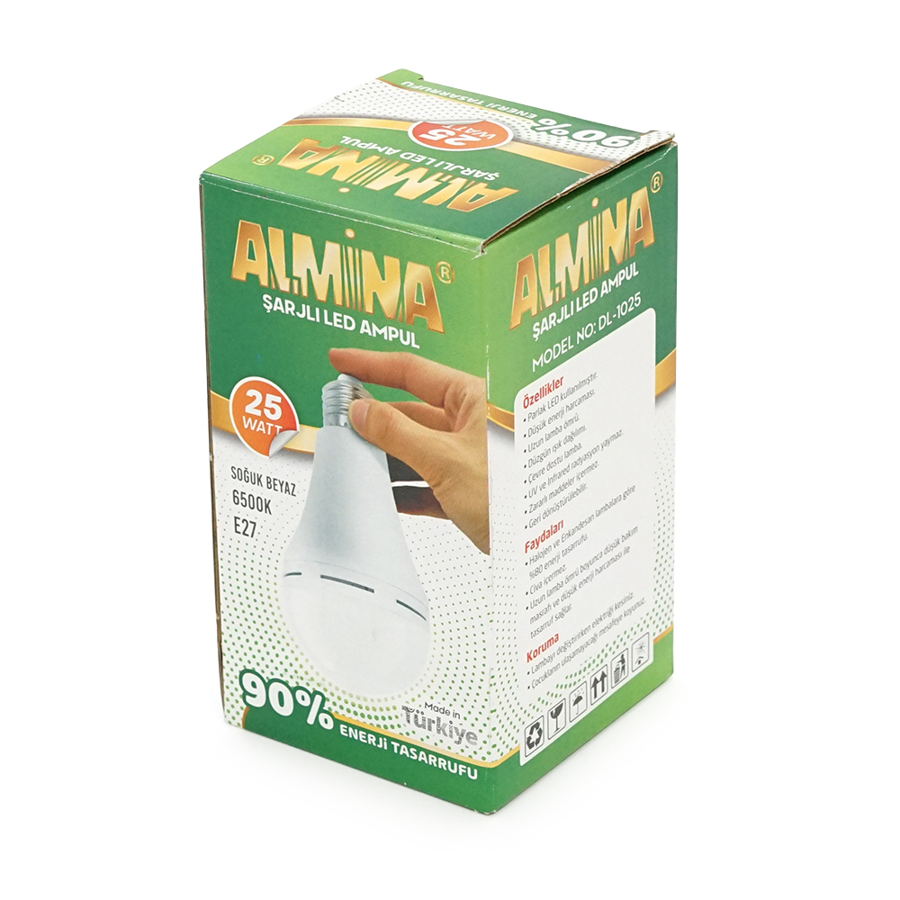 Лампочка з акумуляторами ALMINA DL-1025, 220-240V, до 2 годин роботи, 4 години зарядки, 25W(250W), E27, 2700Лм, 6500K, Box