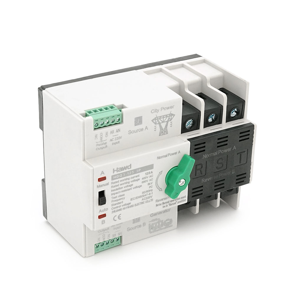 Автомат введення резерву (АВР) триполюсний HDQ3-125E/3P, 230V/125A на DIN-рейку для генераторів