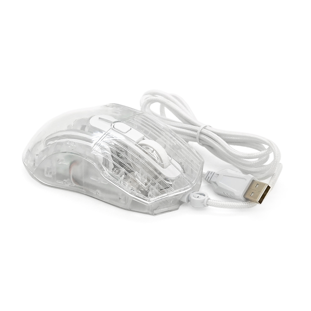 Миша провідна JEDEL GM1400, 6 кнопок, 1000/2400/3200/4800/6400/7200DPI, кабель 1,5 м. RGB підсвічування. 128х77х40 мм. Transparent. Box